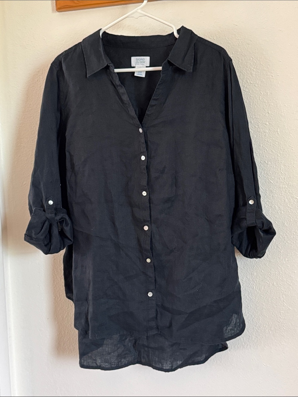 Sigrid Olsen 100% Linen Black Mother Of Pearl Button Up Shirt Roll Tab Sleeves